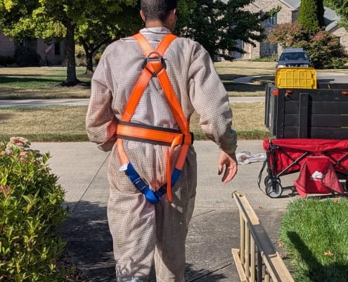 Bee Removal Technician with protective gear in a residential neighborhood in Northwest Ohio.