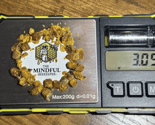 Raw bee pollen on digital scale for health and wellness benefits.