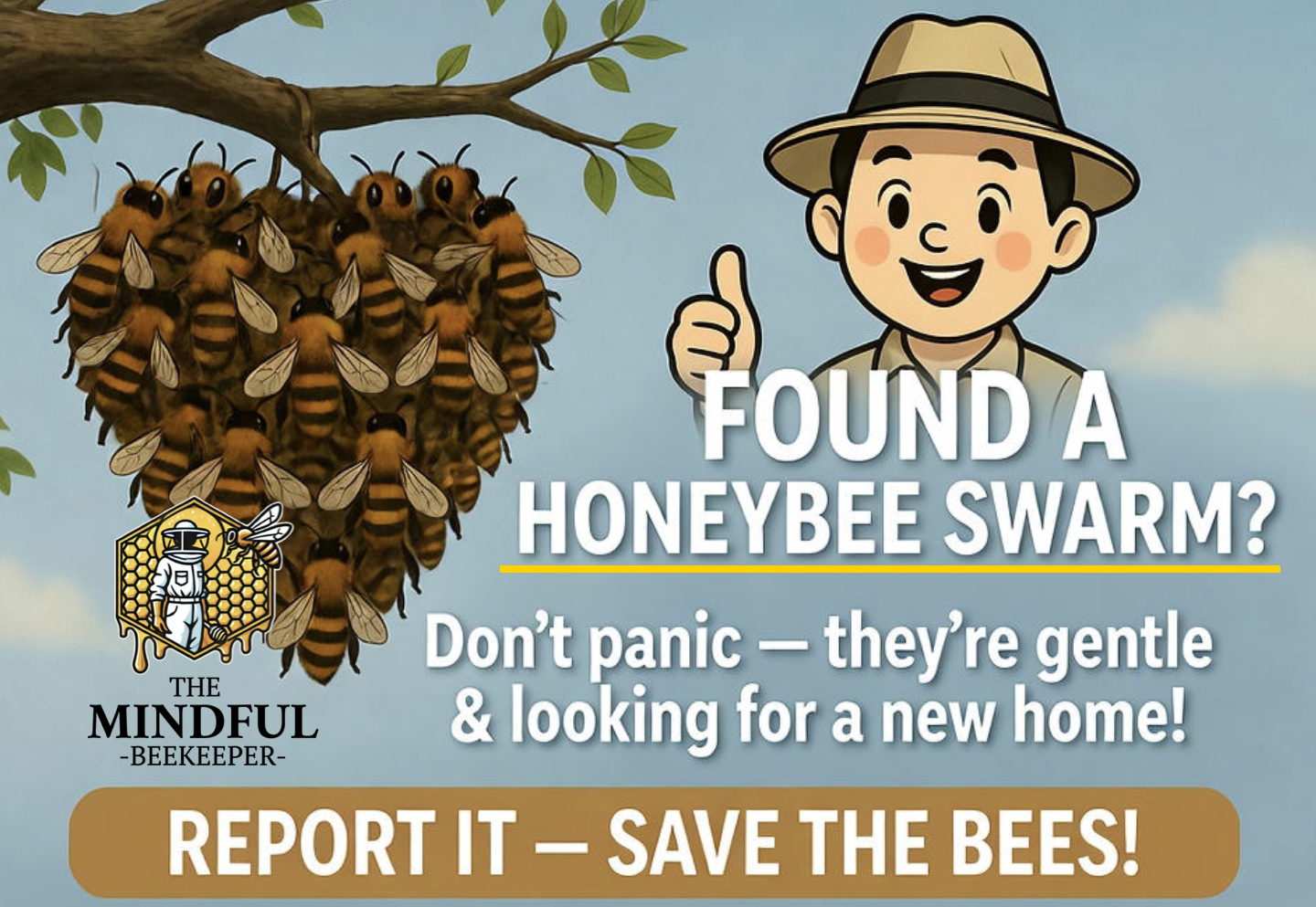 Screenshot 2025-12-04 at 9.45.22 PM Beekeeping educational cartoon encouraging bee conservation and reporting honeybee swarms.