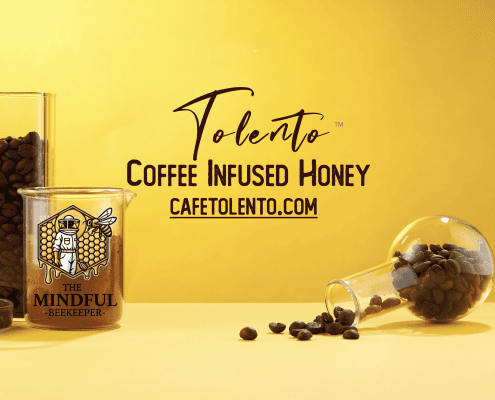 Rich coffee and honey infused bee product display, promoting mindful beekeeping and sustainable honey harvesting.