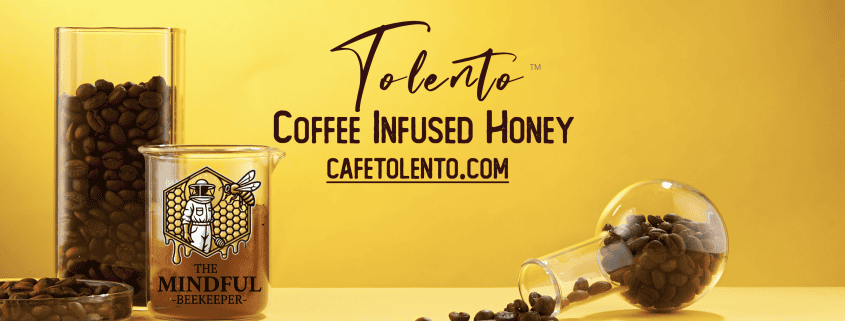 Rich coffee and honey infused bee product display, promoting mindful beekeeping and sustainable honey harvesting.