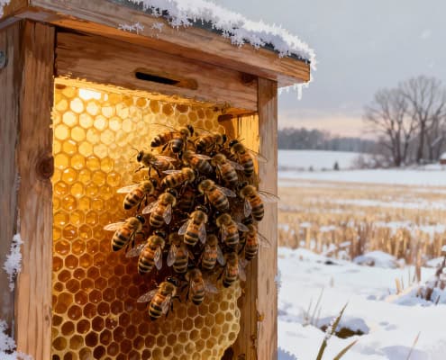 Beekeeping in winter, honeycomb and busy honeybees inside the hive.