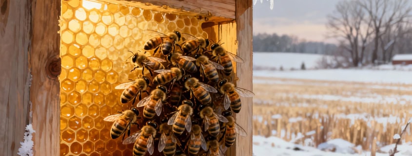 Beekeeping in winter, honeycomb and busy honeybees inside the hive.
