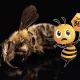Busy honeybee with cartoon bee mascot holding "Save the Bees" sign for pollinator conservation awareness.