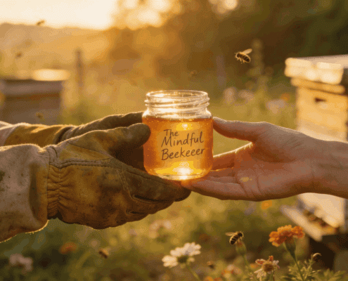 Golden honey jar exchange at sunset, showcasing the mindful beekeeper's dedication.