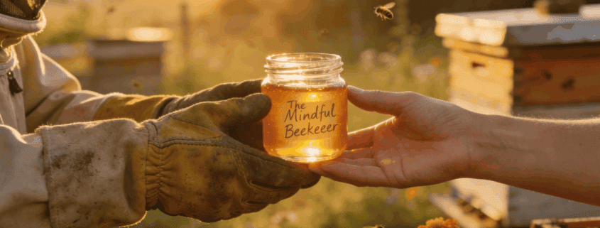 Golden honey jar exchange at sunset, showcasing the mindful beekeeper's dedication.