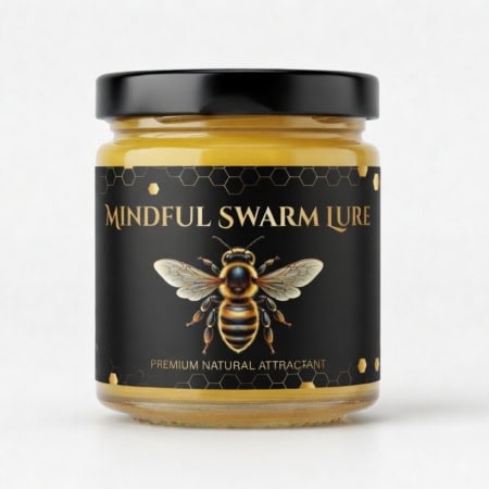 Natural bee attractant jar labeled "Mindful Swarm Lure" with bee illustration.