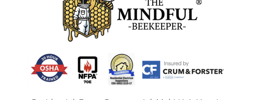 The Mindful Beekeeper logo with honeycomb and bee imagery, OSHA, NFPA, and electrical safety icons.